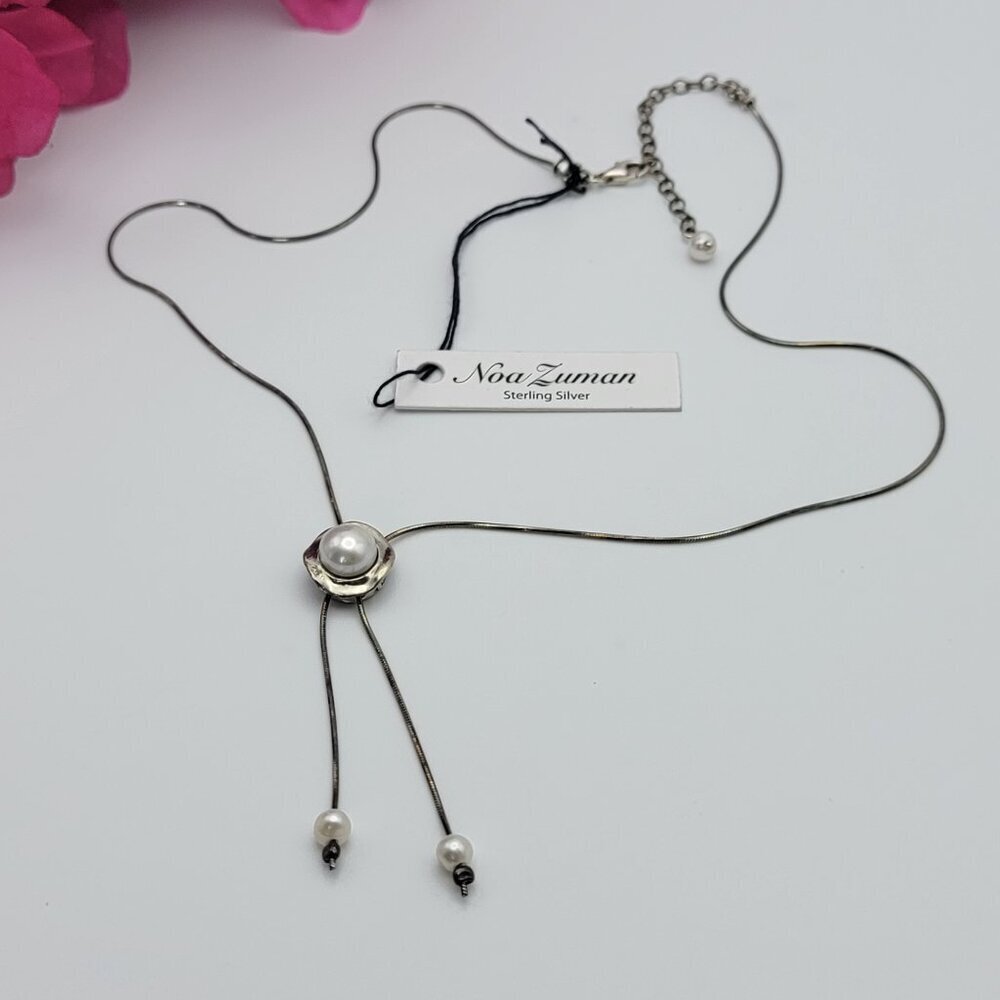 Noa Zuman Sterling Silver Freshwater Pearl Lariat Necklace 18.5 In Snake Chain